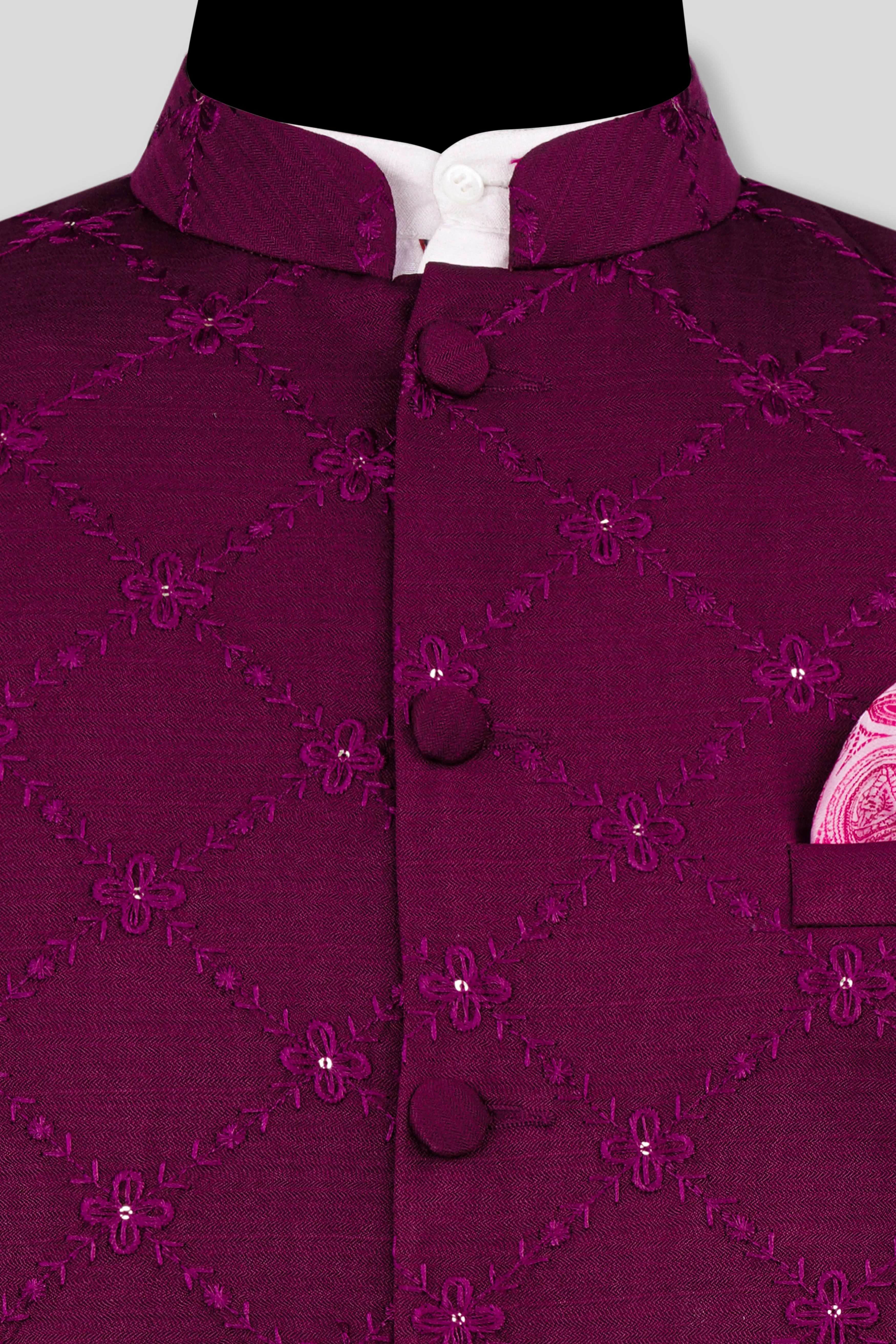 Bordeaux Wine Viscose Embroidered With Tikki Work Designer Nehru Jacket