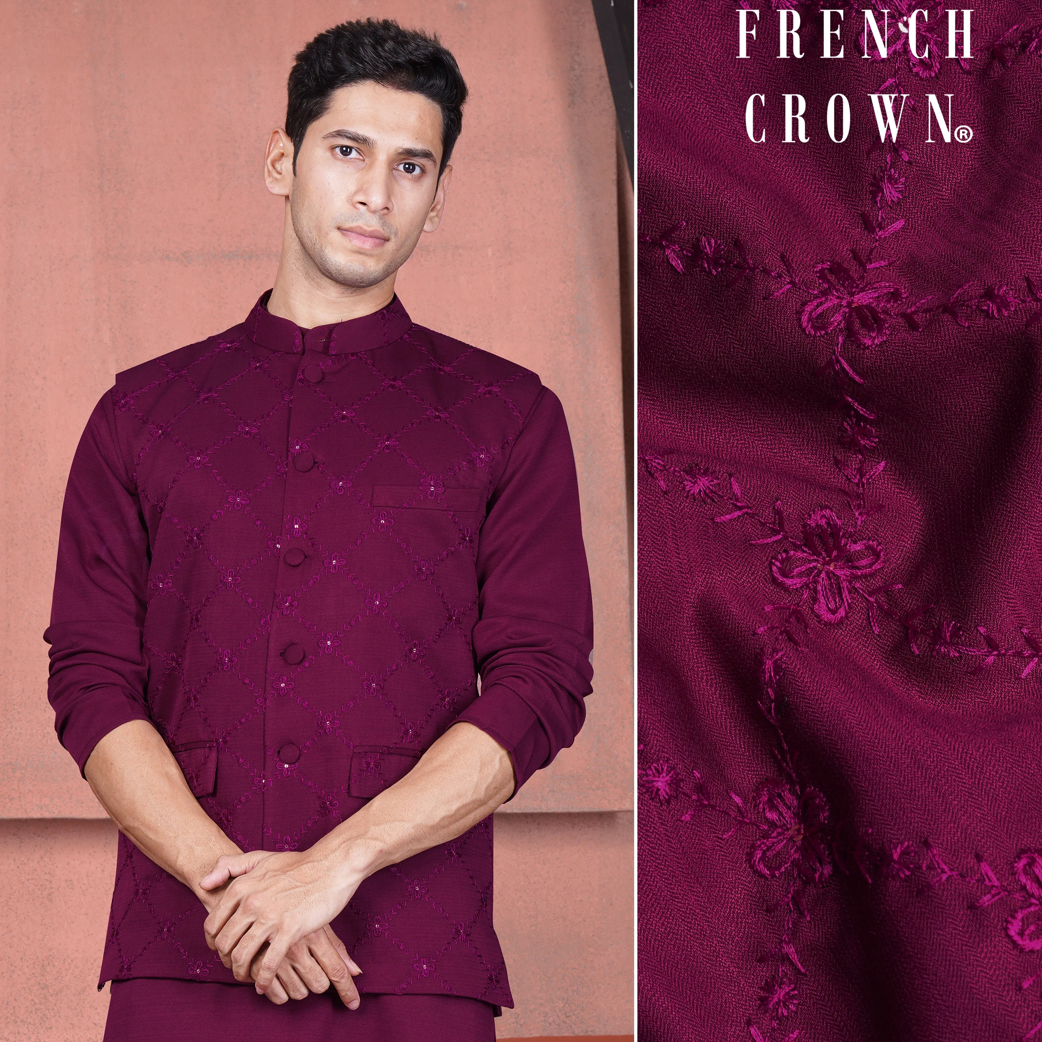 Bordeaux Wine Viscose Embroidered With Tikki Work Designer Nehru Jacket