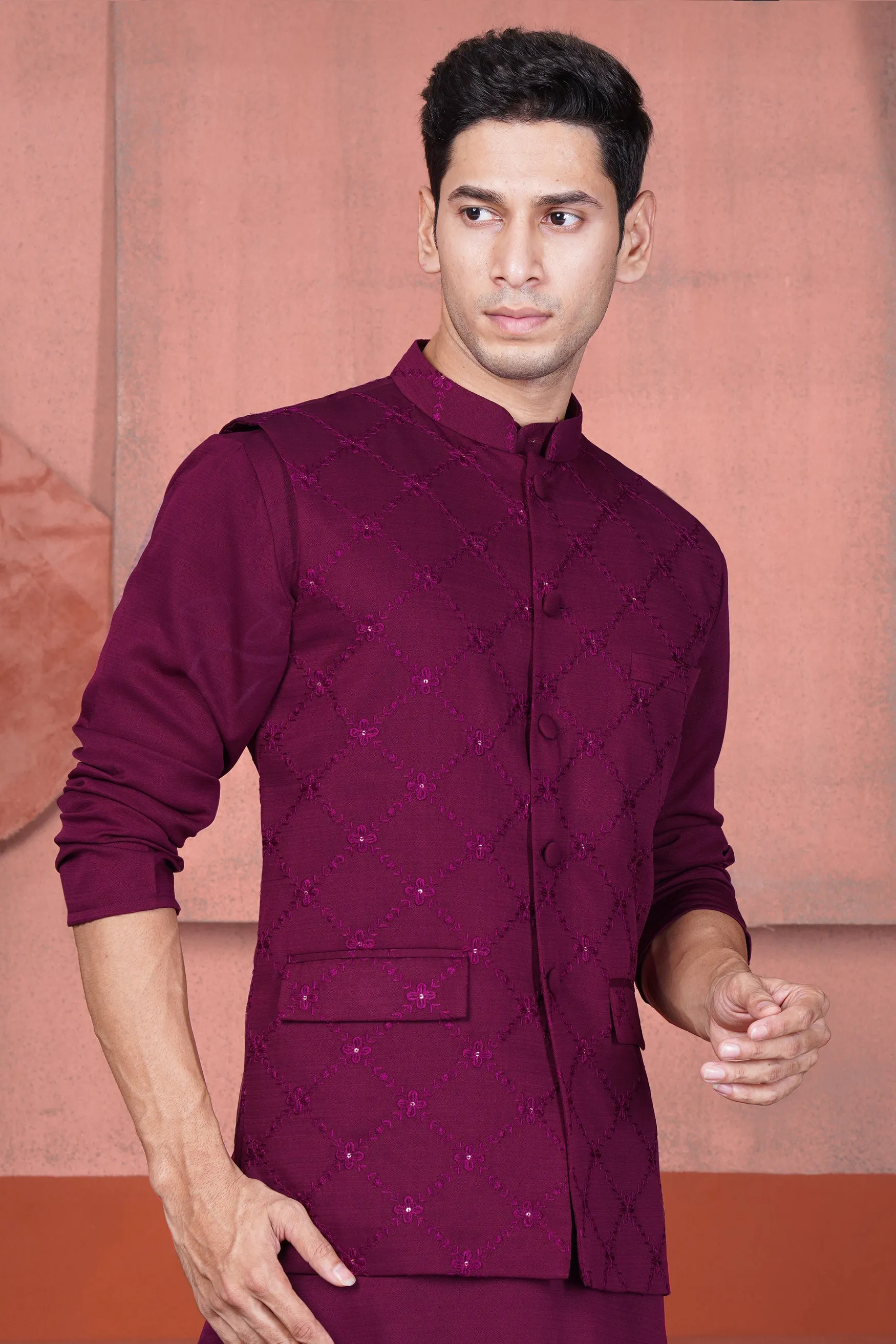 Bordeaux Wine Viscose Embroidered With Tikki Work Designer Nehru Jacket