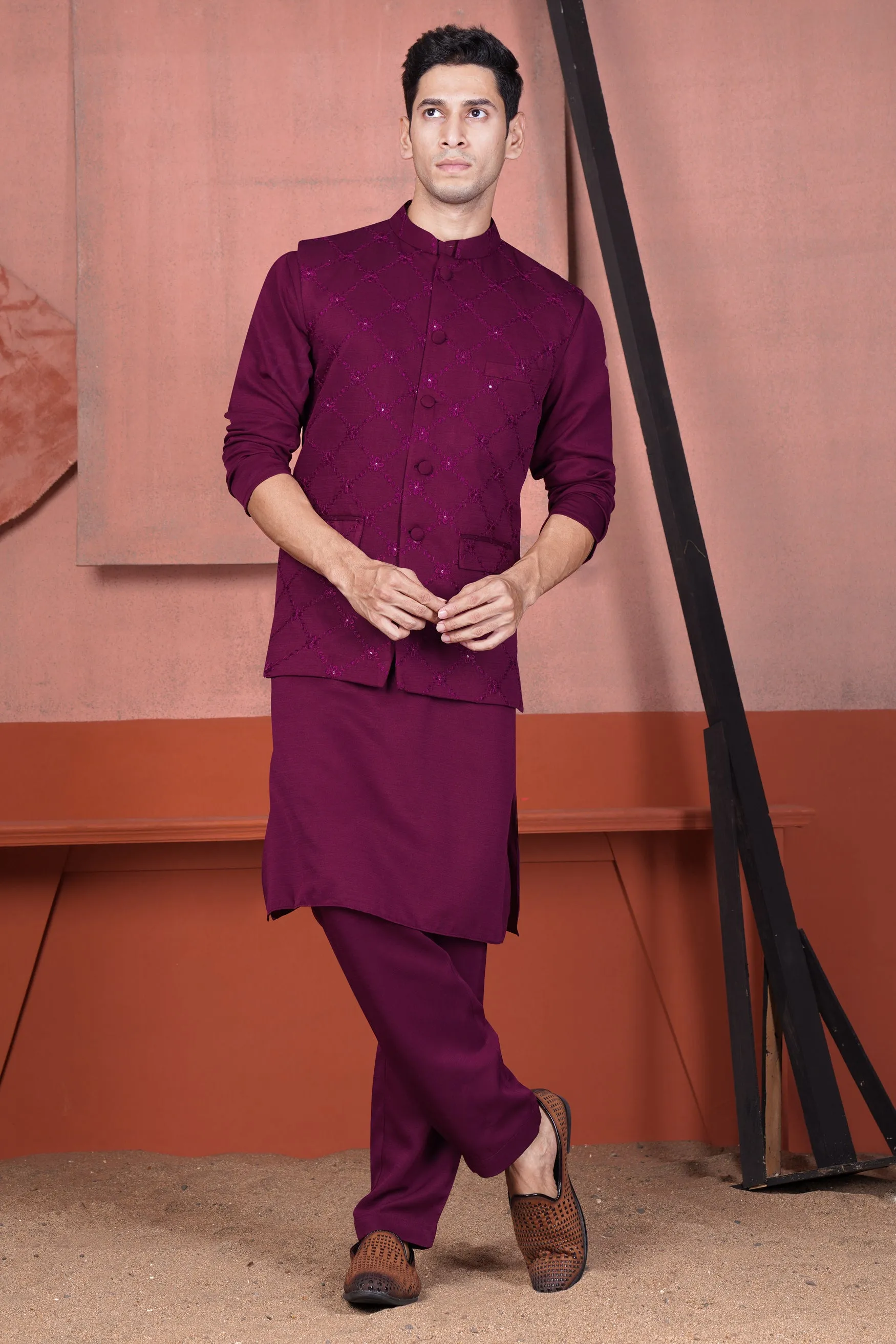 Bordeaux Wine Viscose Embroidered With Tikki Work Designer Nehru Jacket