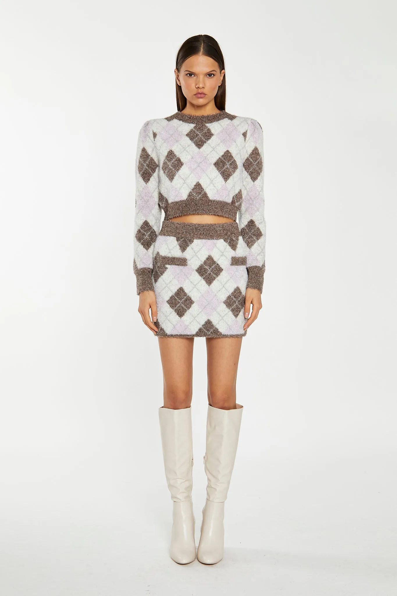 Brown Multi-Argyle Glitter Knit Crop-Jumper