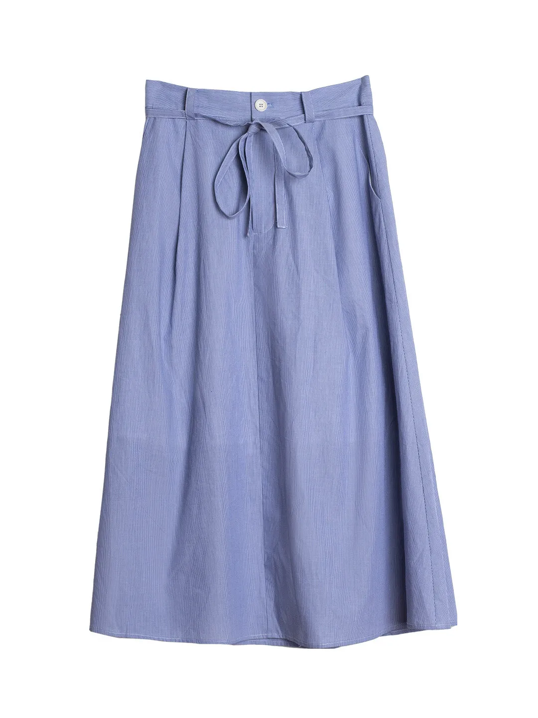 Brylee Cotton Blue & White Striped High Waist Belted Skirt