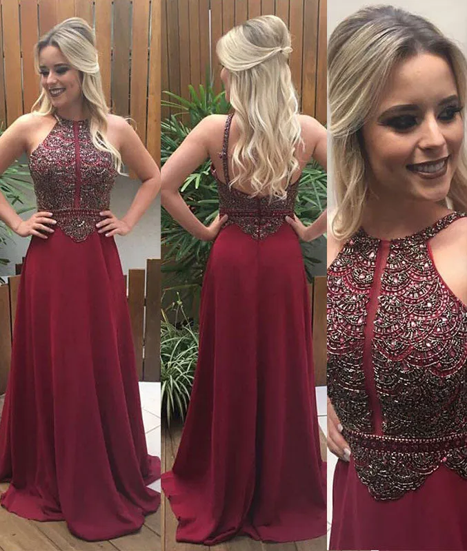 Burgundy chiffon beads long prom dress, burgundy evening dress