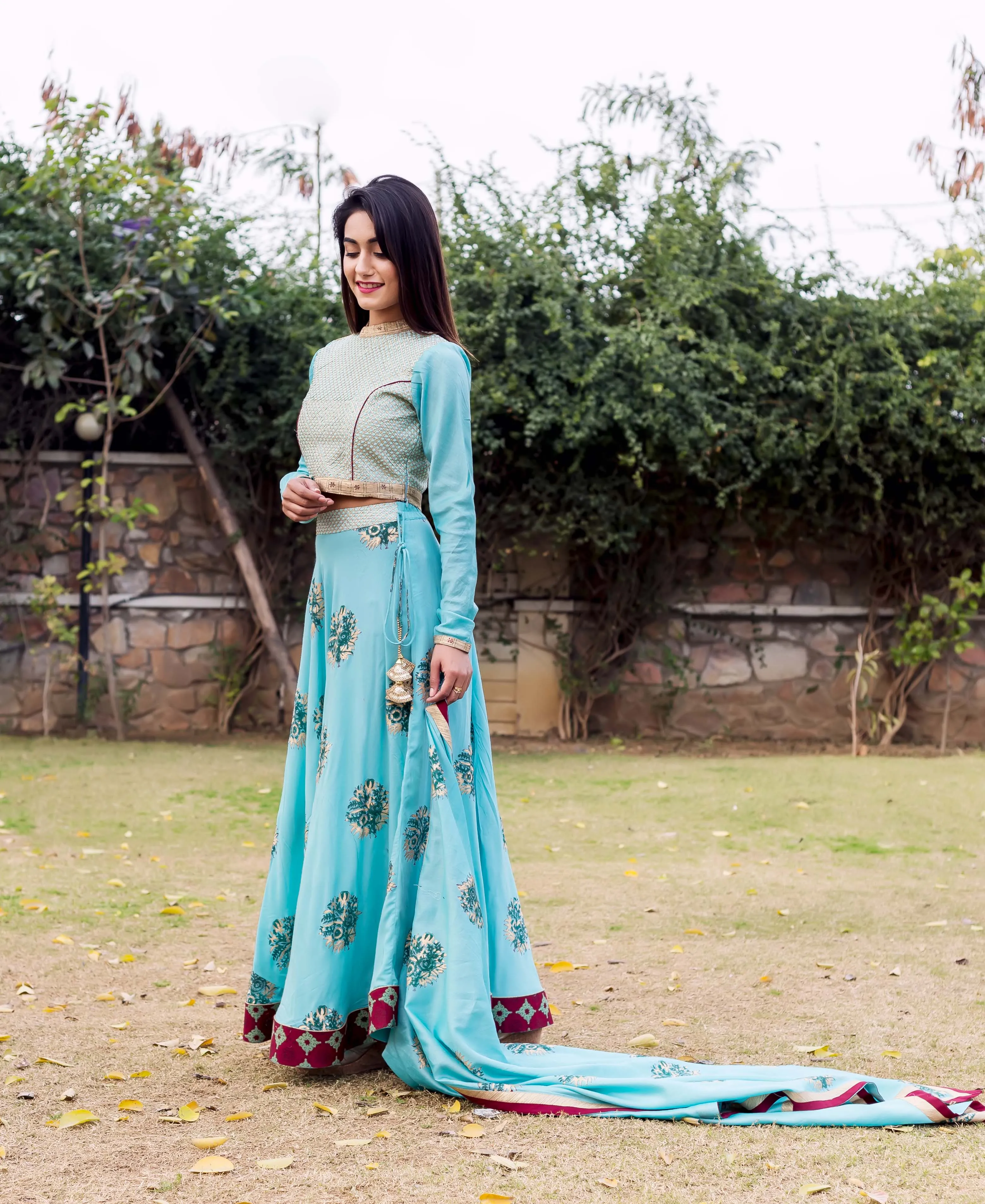 Cadet Blue Hand Block Printed and Embroidered Lehenga Set