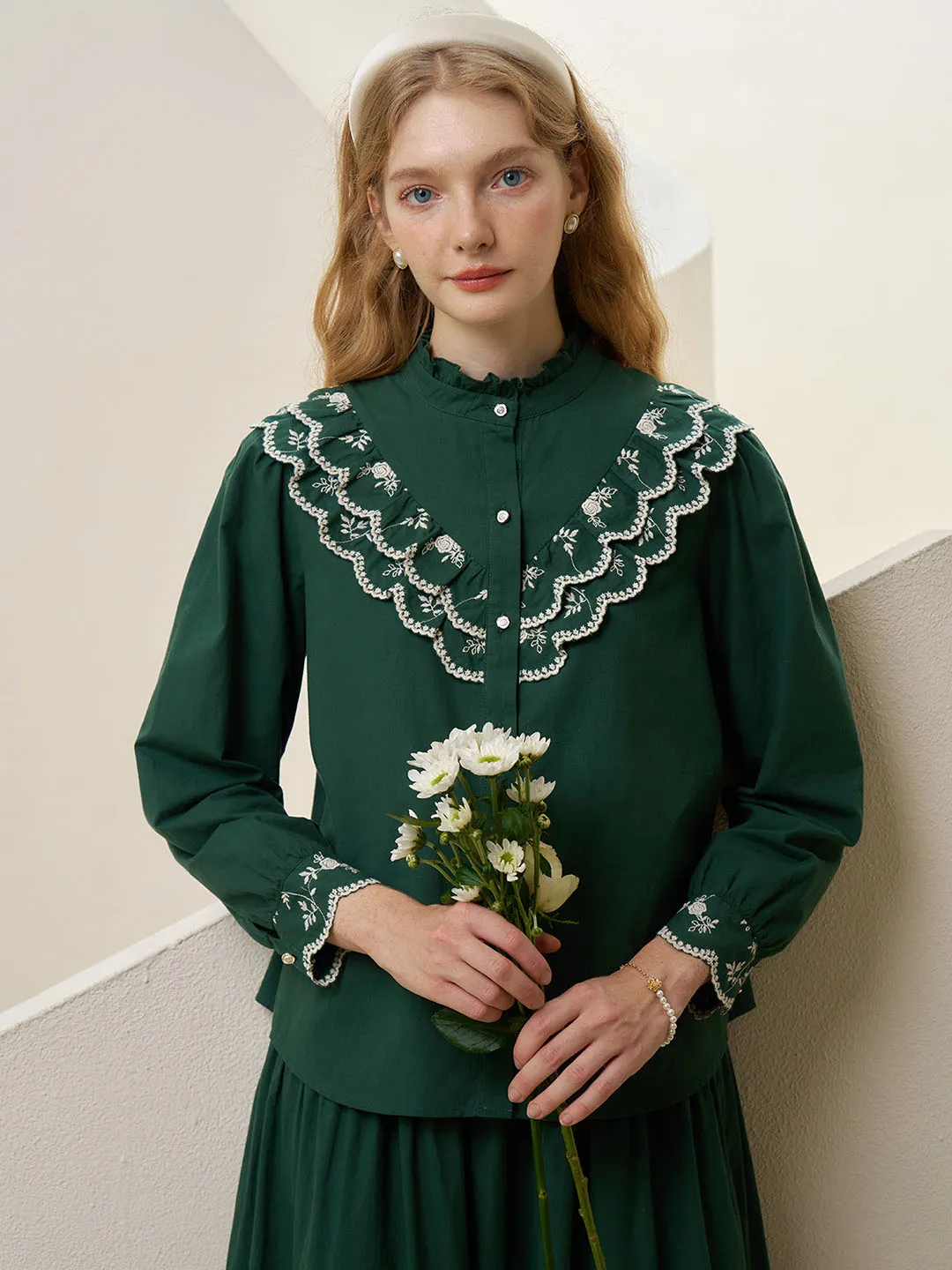 Celia Vintage Embroidered Lace Contrast Panel Cotton Blouse