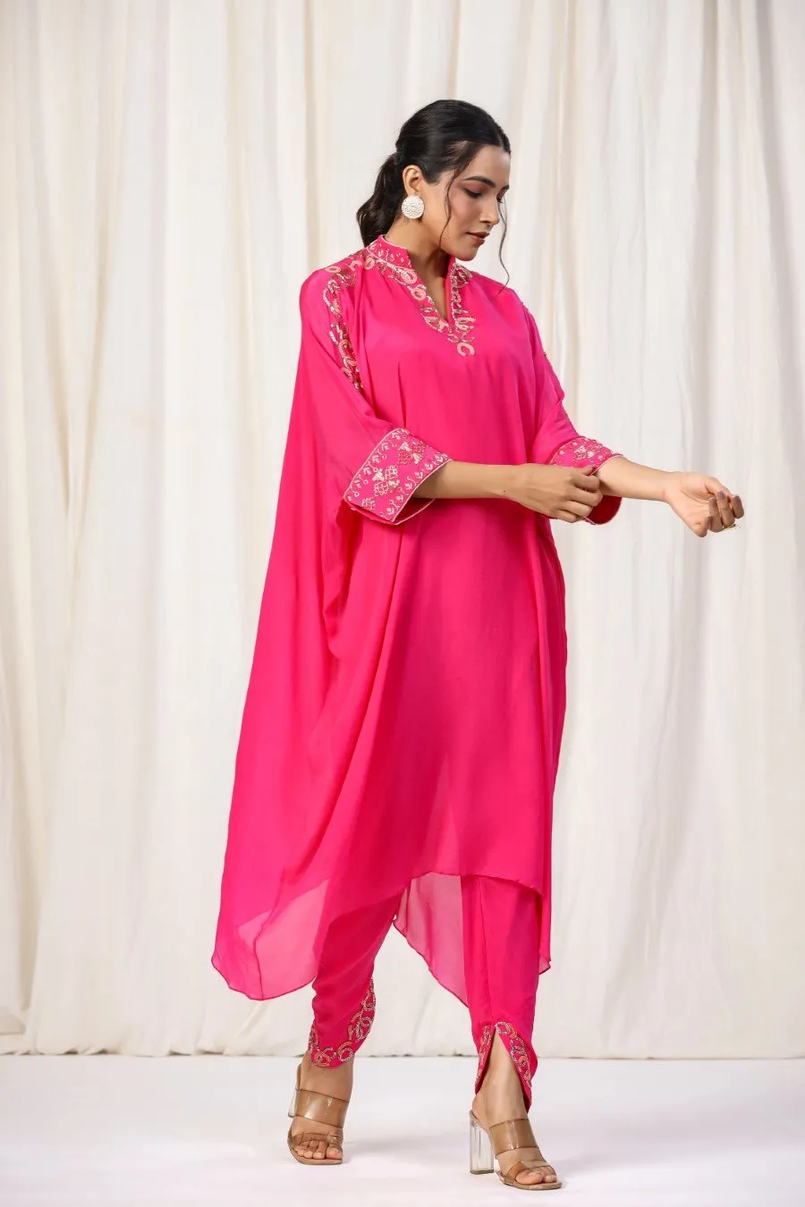 Cerise Pink Embellished Georgette Silk Kurta with Tulip Pants