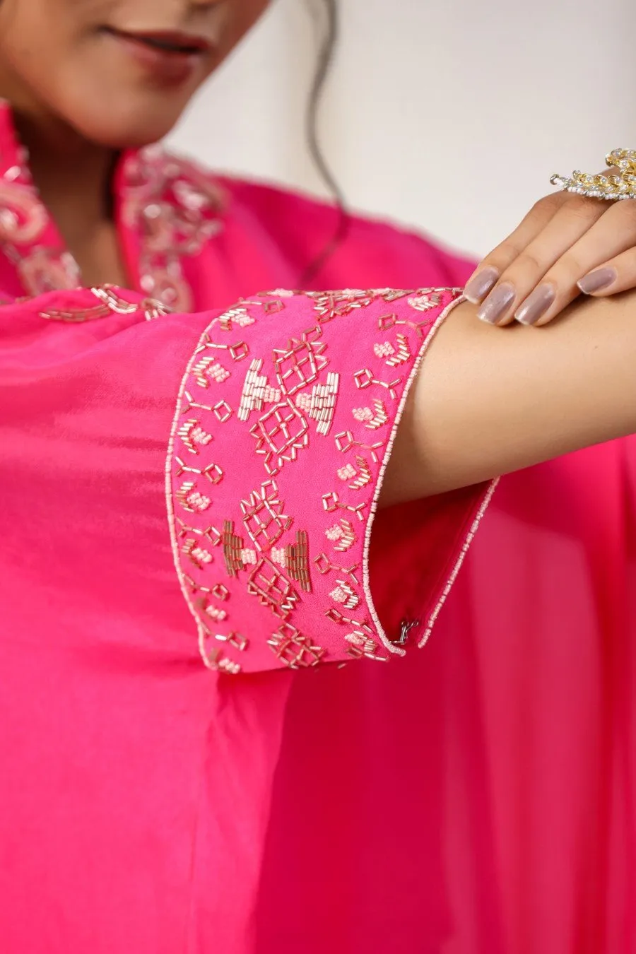 Cerise Pink Embellished Georgette Silk Kurta with Tulip Pants