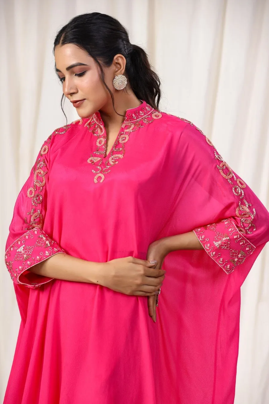 Cerise Pink Embellished Georgette Silk Kurta with Tulip Pants