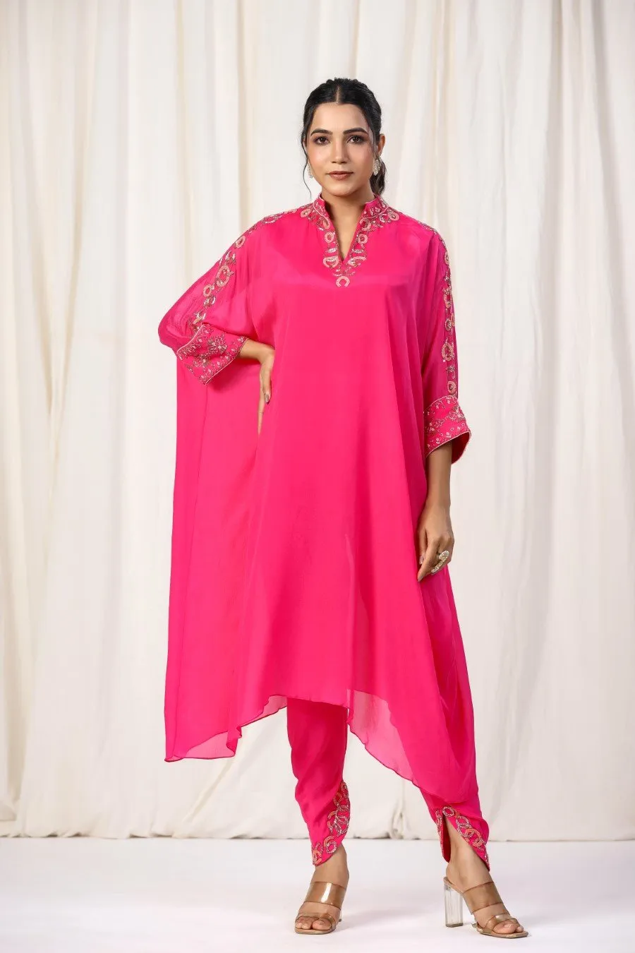 Cerise Pink Embellished Georgette Silk Kurta with Tulip Pants