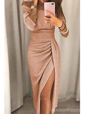 Champagne Mermaid Off Shoulder Long Sleeves High Slit Prom Dresses Online,12659