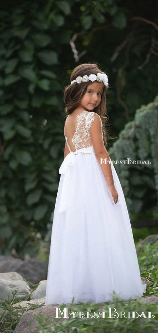 Charming Round Neck Cap Sleeve Tulle Long A-line Cheap Flower Girl Dresses, FGS0014