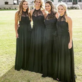 Cheap High Neck Black A-line Lace Floor-Length Long Bridesmaid Dresses,Wedding Party Gowns,WGY0213