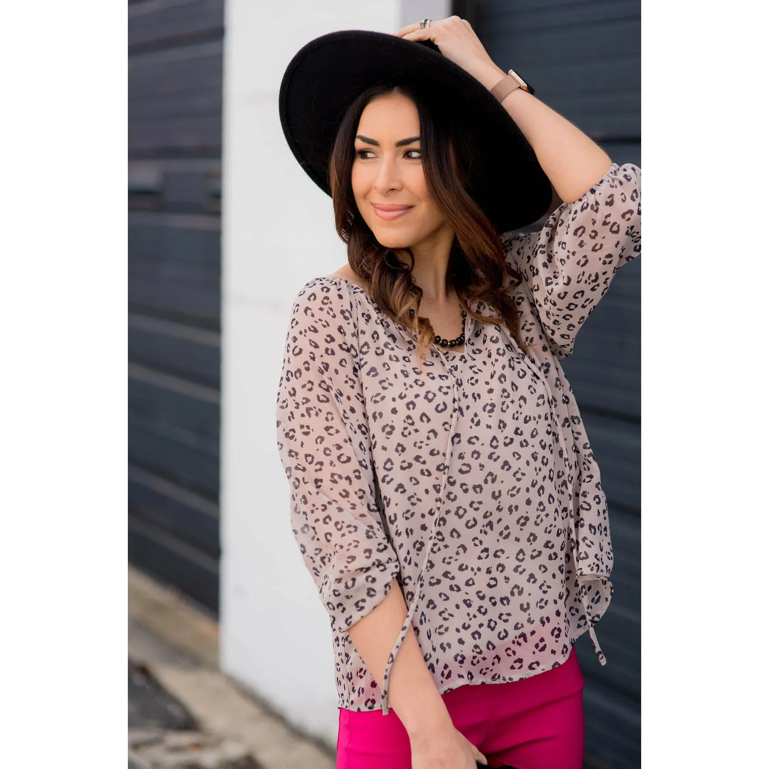 Cheetah Sheer Tie Blouse