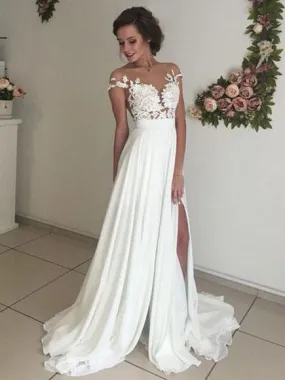 Chic Chiffon Ivory Wedding Dress A Line Lace Cheap Wedding Dress #ER153