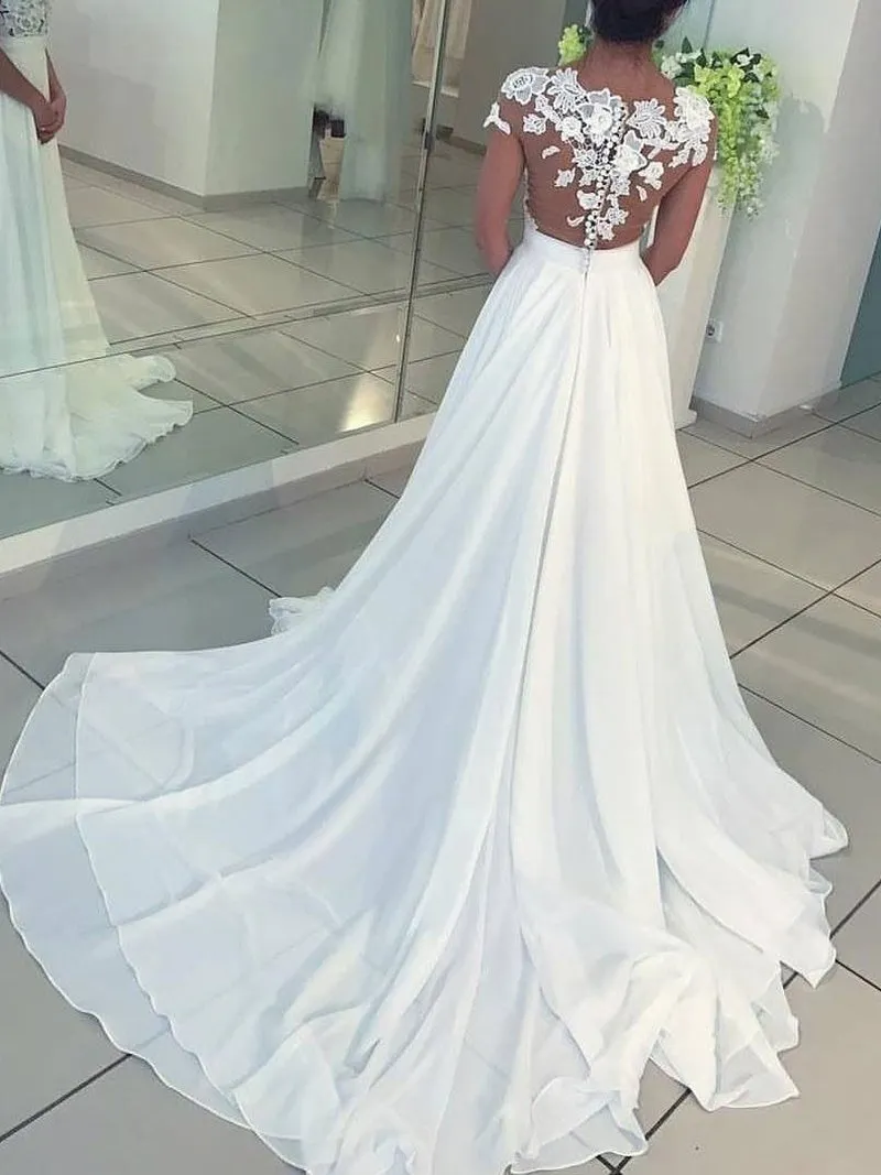 Chic Chiffon Ivory Wedding Dress A Line Lace Cheap Wedding Dress #ER153