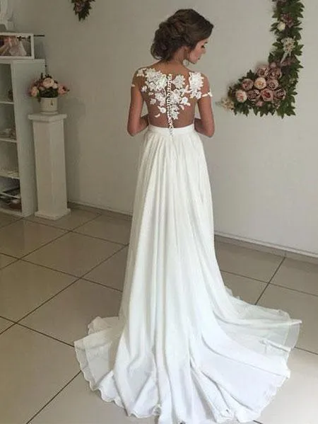 Chic Chiffon Ivory Wedding Dress A Line Lace Cheap Wedding Dress #ER153