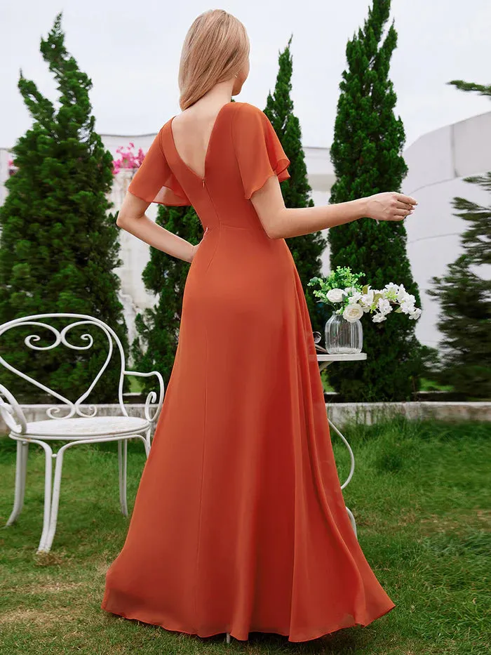 Chiffon Pleated Bridesmaid Dress with Ruffle Short Sleeves