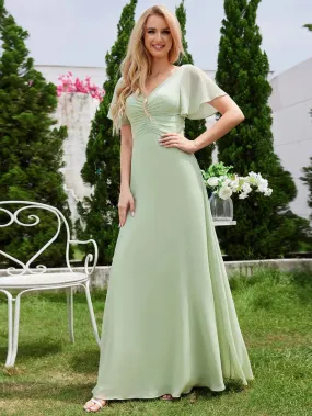 Chiffon Pleated Bridesmaid Dress with Ruffle Short Sleeves