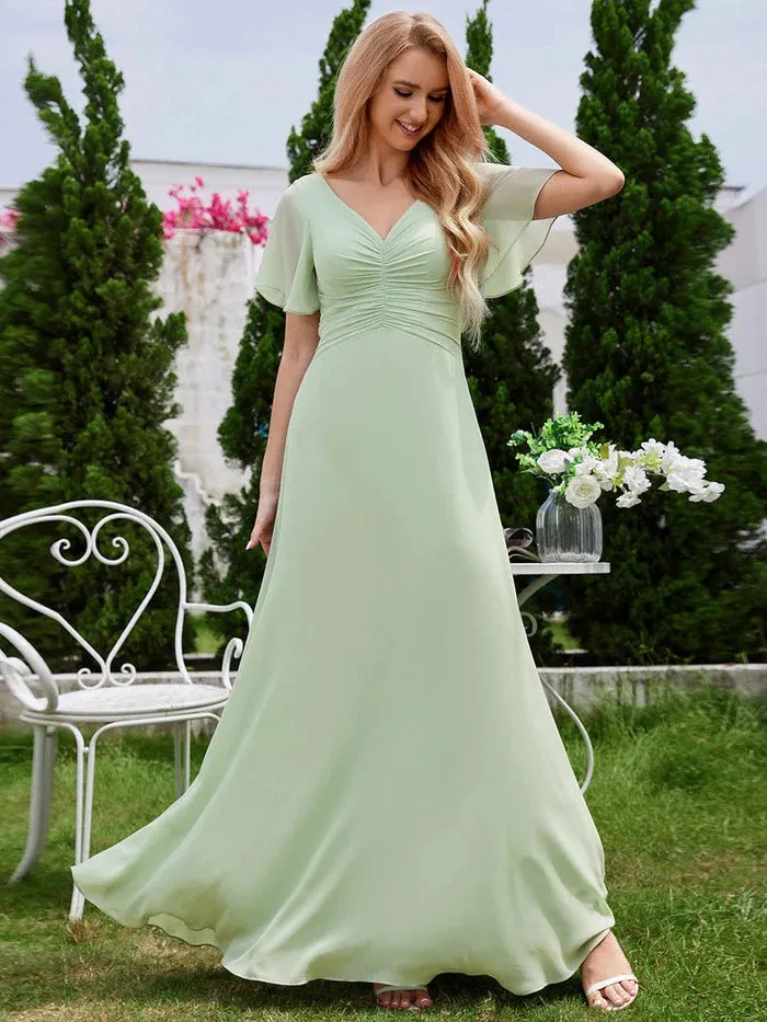 Chiffon Pleated Bridesmaid Dress with Ruffle Short Sleeves