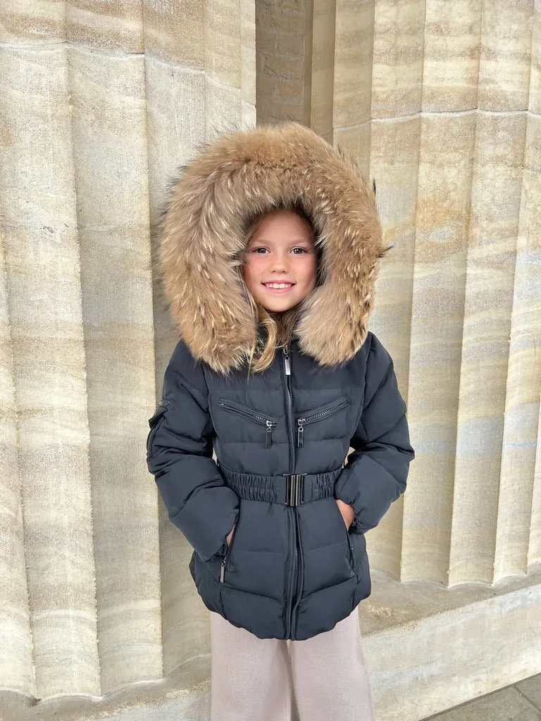 Childrens Black Luxury Fur Padded Belted Coat