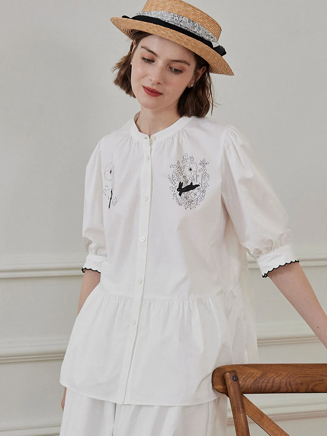 Chowxiaodou Rabbit Print White Blouse