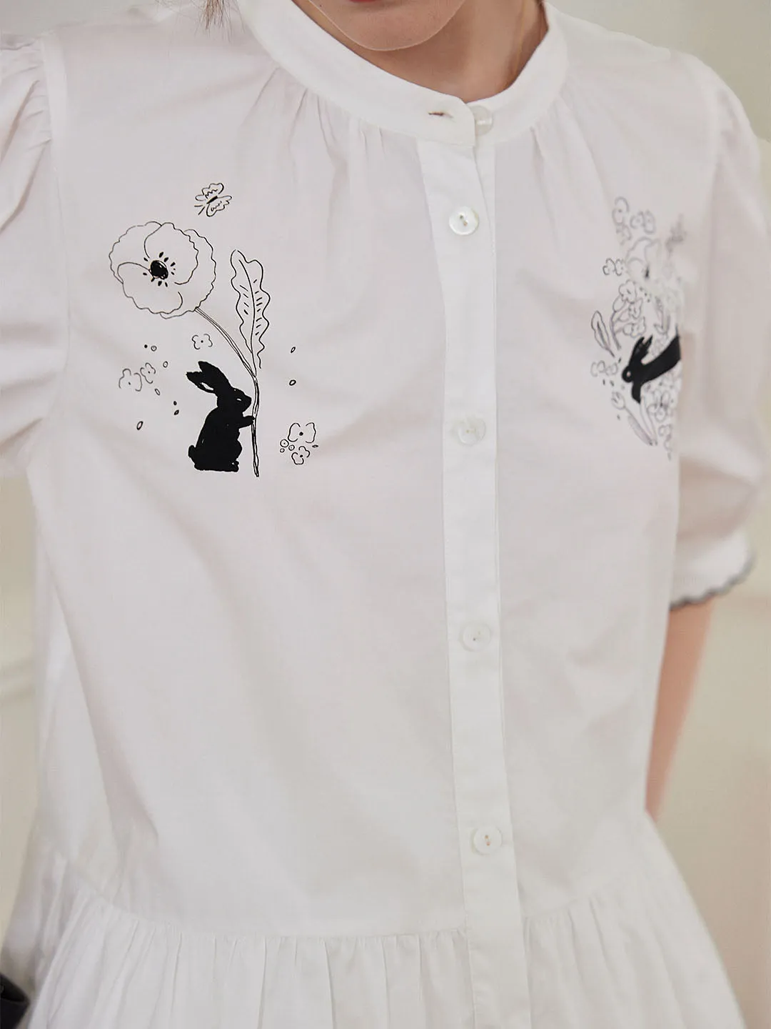 Chowxiaodou Rabbit Print White Blouse