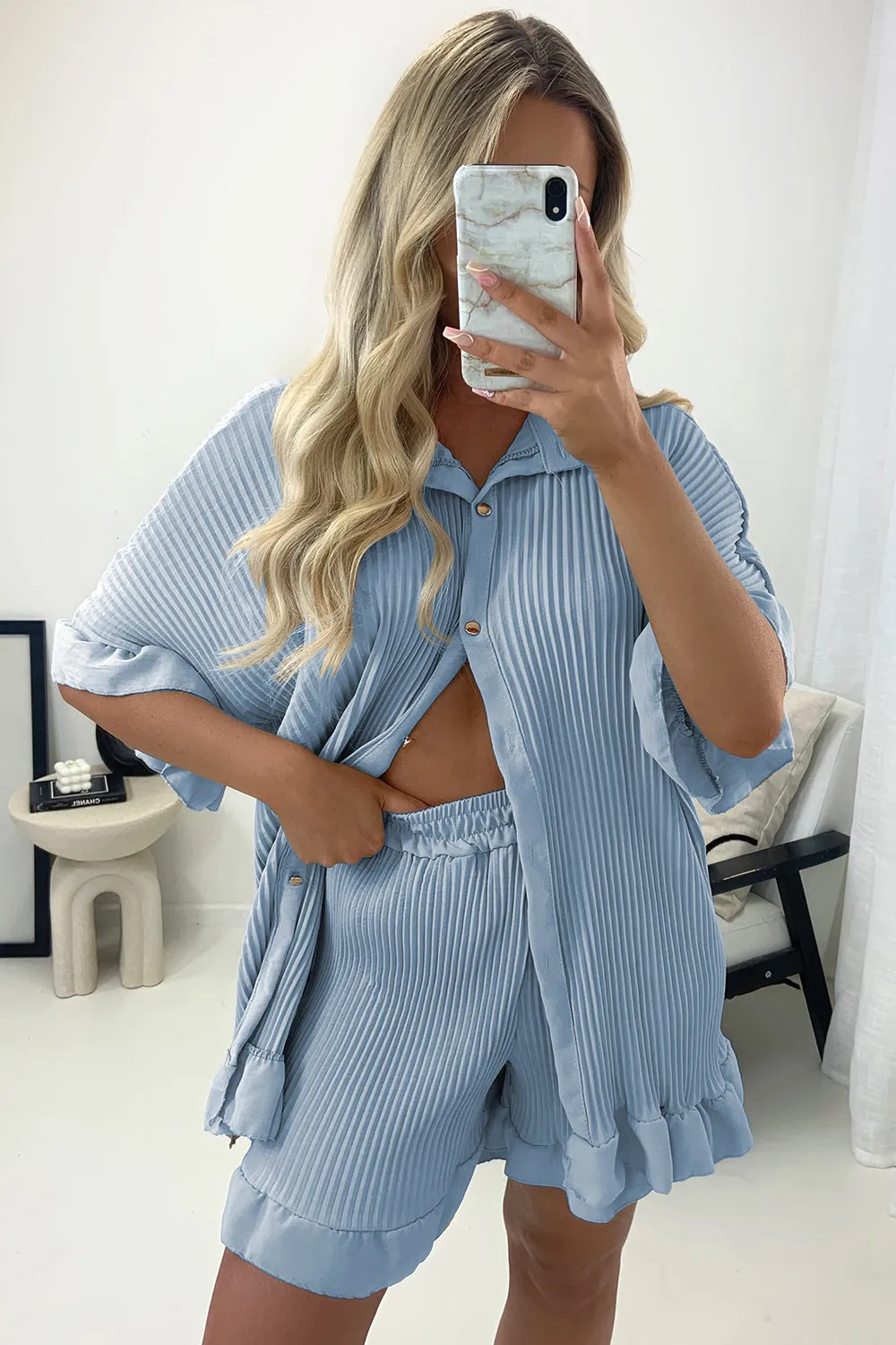 Colette Blue Plisse Pleated Frill Hem Shirt and Shorts Co-Ord Set