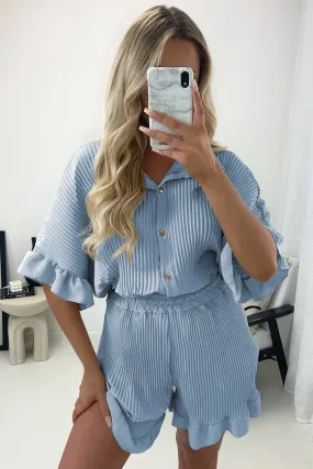 Colette Blue Plisse Pleated Frill Hem Shirt and Shorts Co-Ord Set