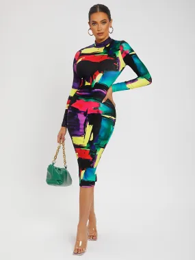 Colorblock Split Hem Back Bodycon Dress