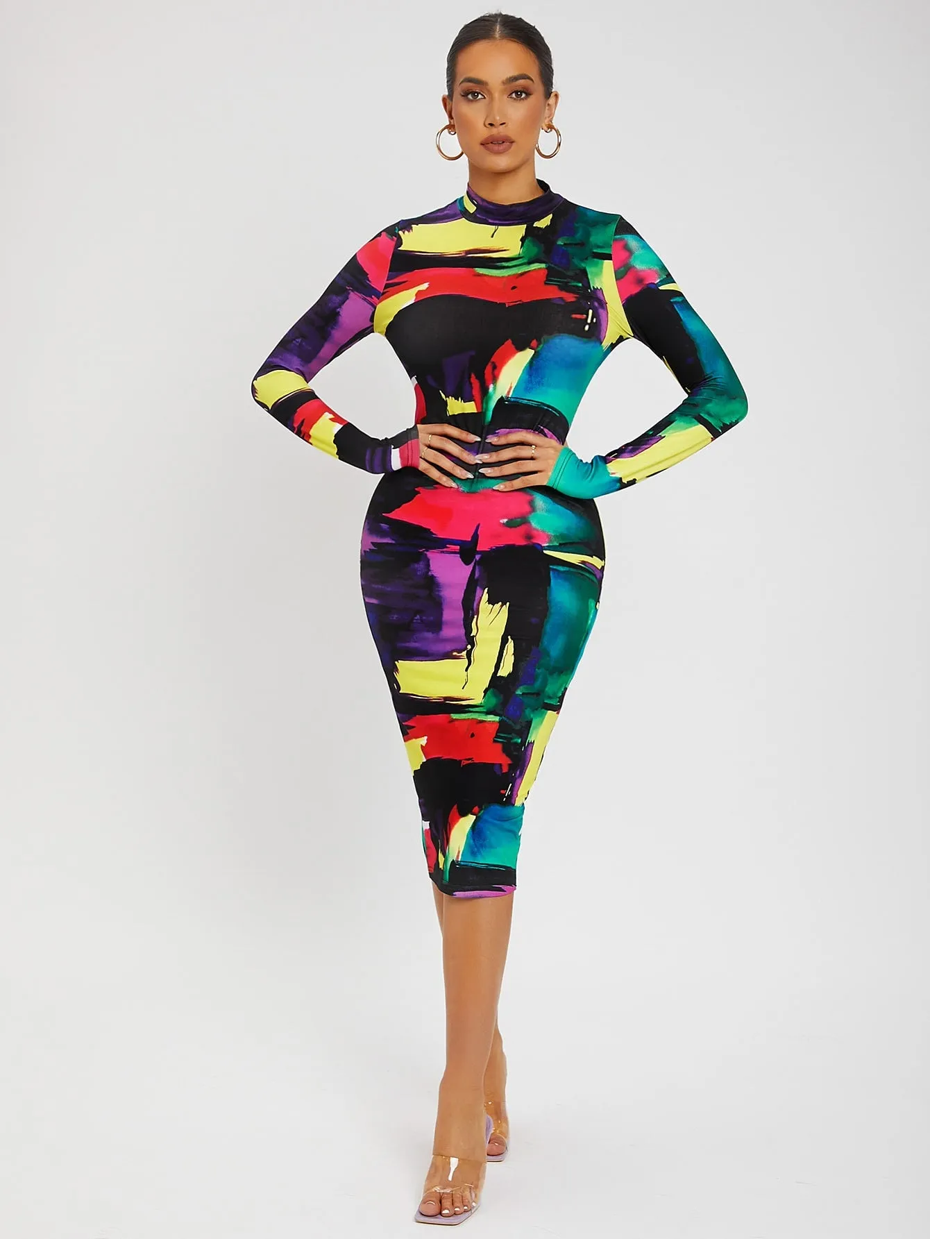 Colorblock Split Hem Back Bodycon Dress