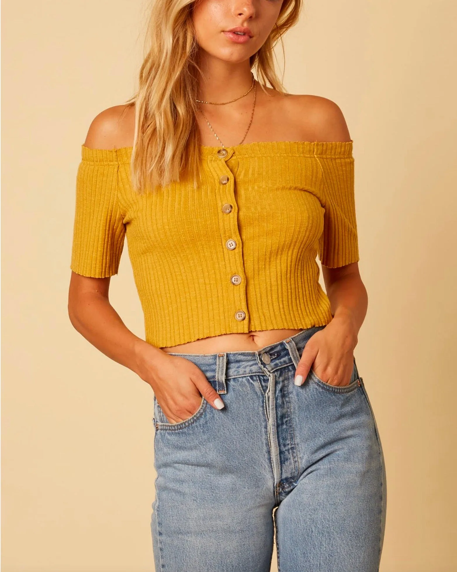 Cotton Candy LA - Button Up Knit Off The Shoulder Crop Top in Mustard