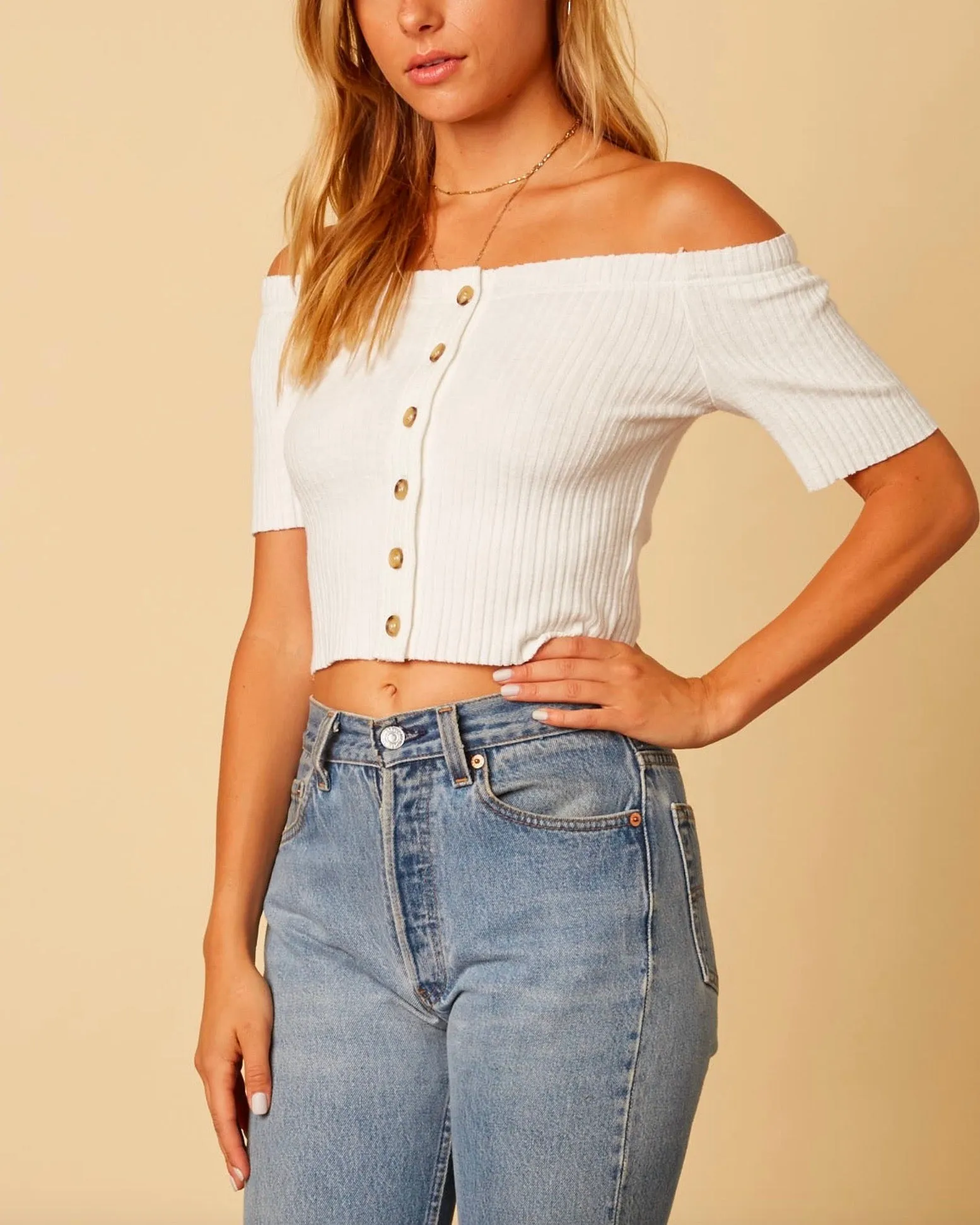 Cotton Candy LA - Button Up Knit Off The Shoulder Crop Top in White