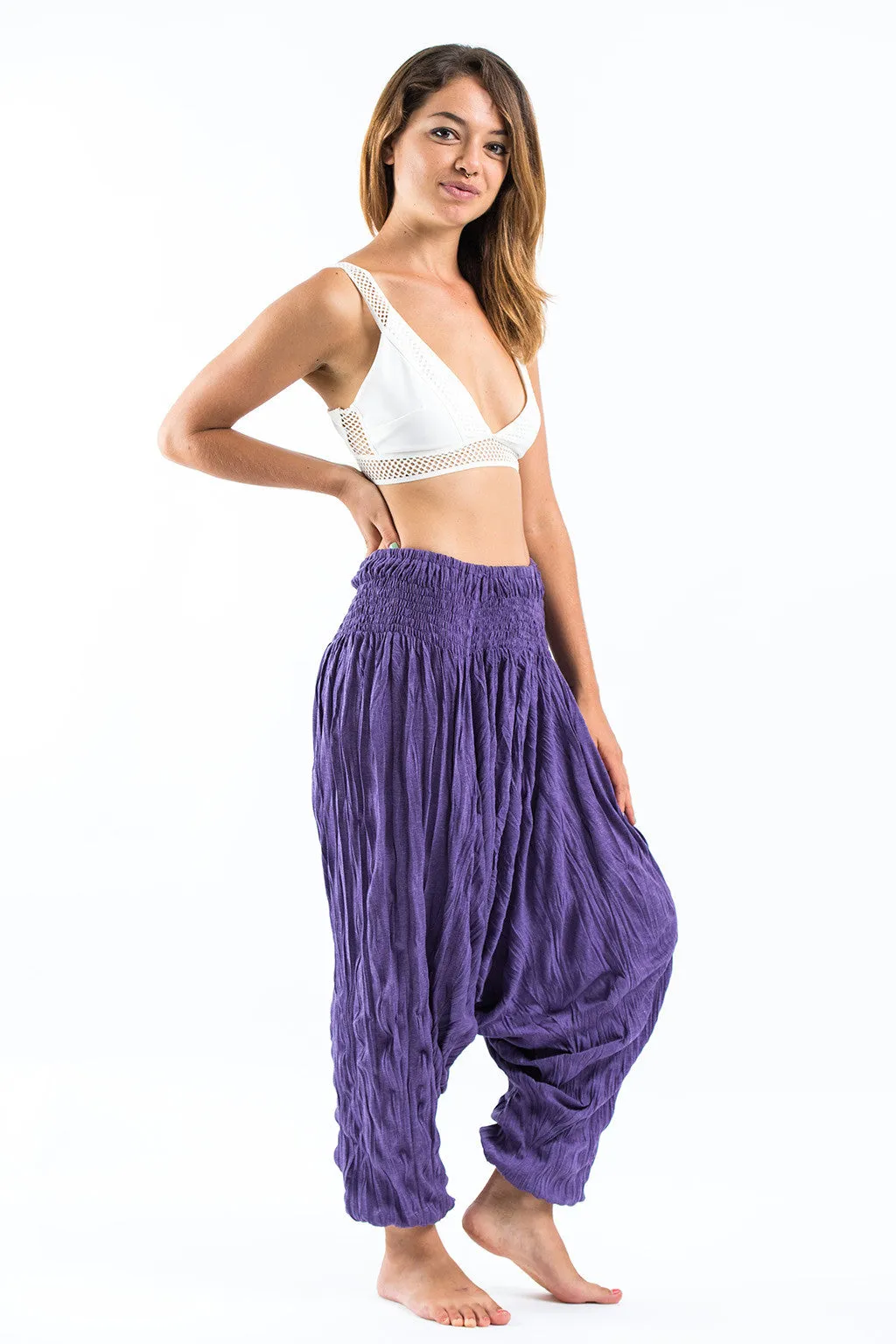 Crinkled Cotton Harem Pants in Purple