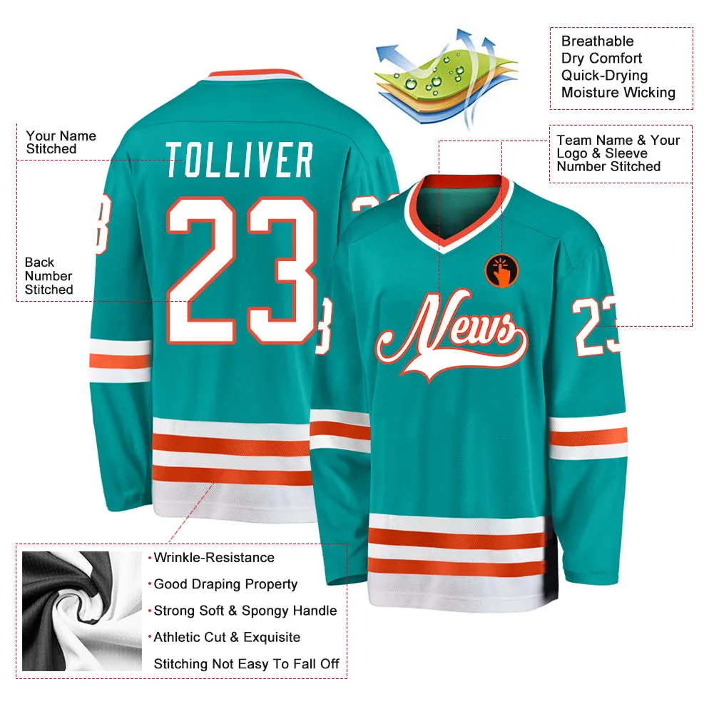 Custom Aqua White-Orange Hockey Jersey