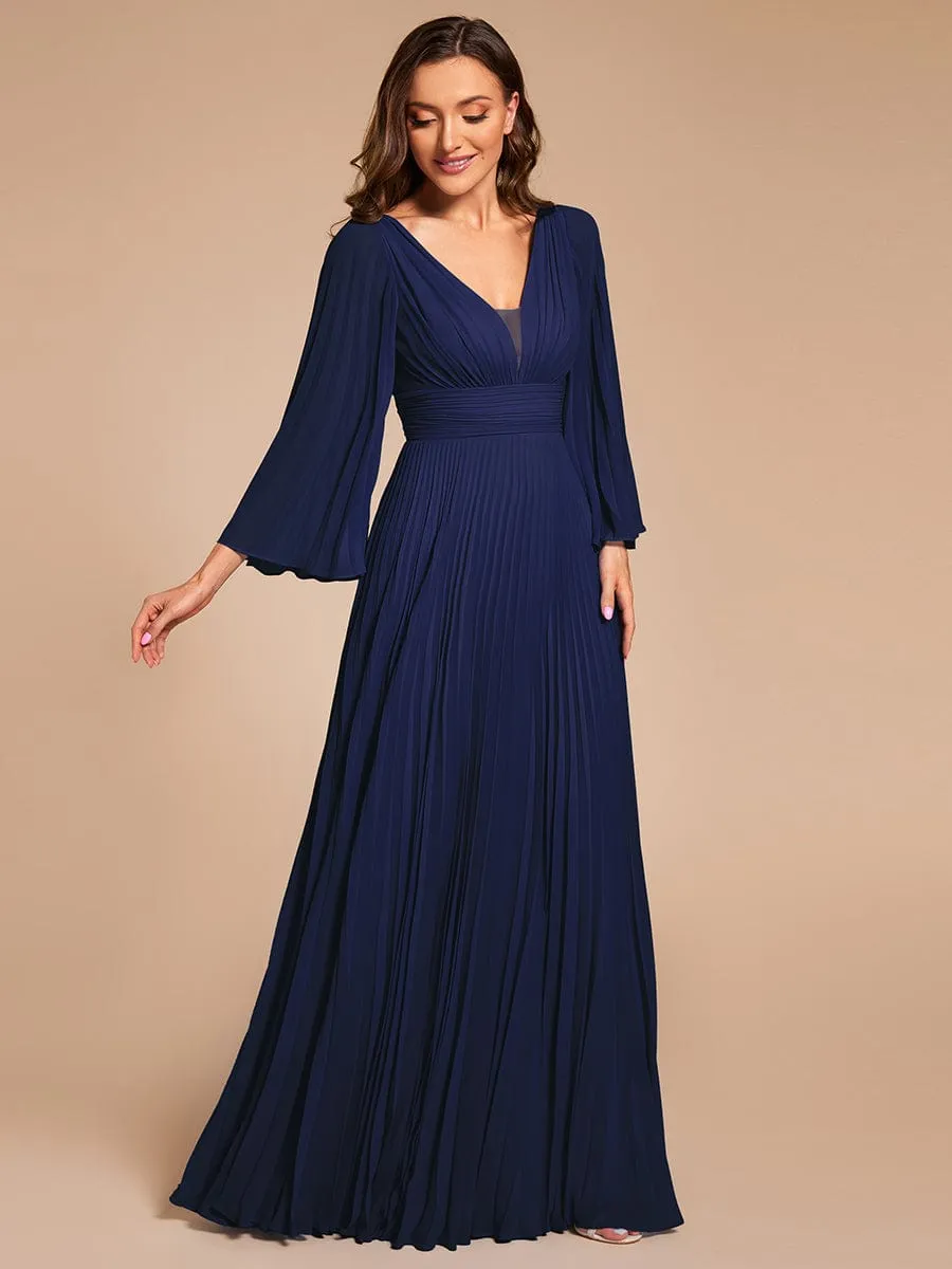 Custom Size Deep V-neck A-line Ruffles Sleeves Floor Length Chiffon Evening Dress