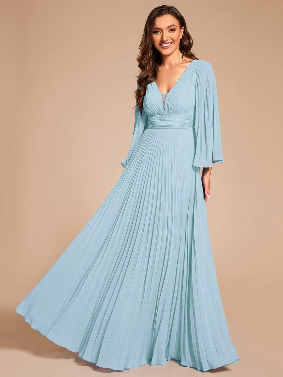 Custom Size Deep V-neck A-line Ruffles Sleeves Floor Length Chiffon Evening Dress