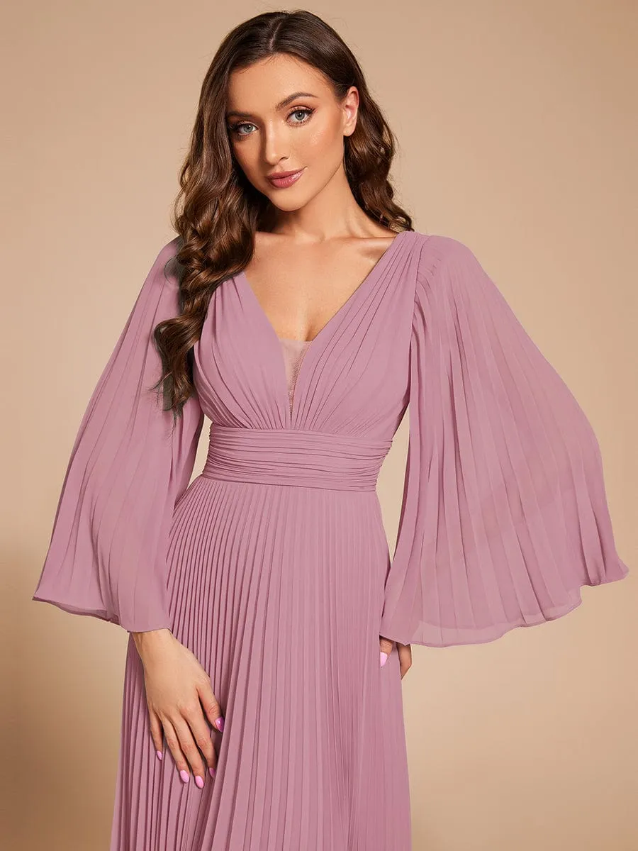 Custom Size Deep V-neck A-line Ruffles Sleeves Floor Length Chiffon Evening Dress