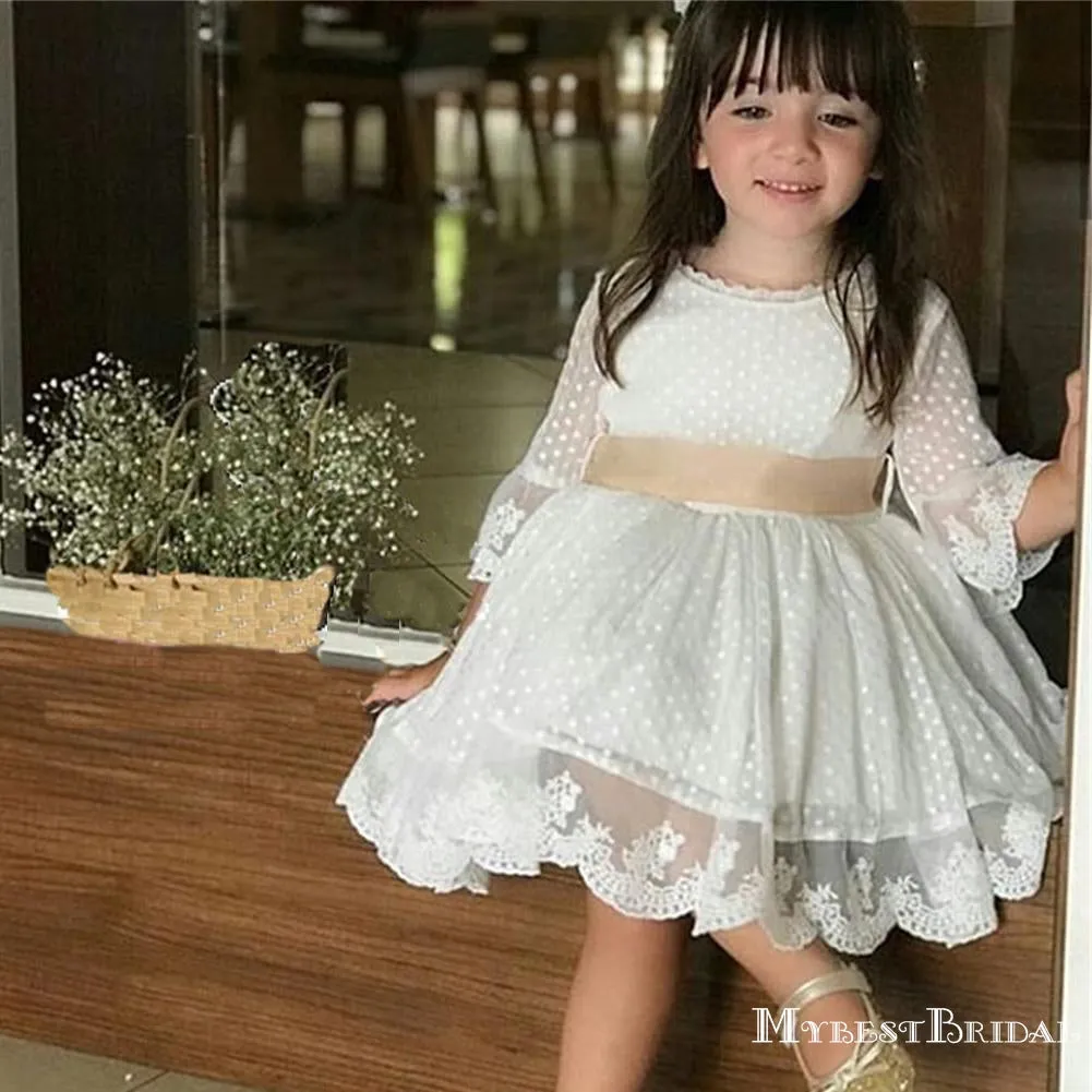 Cute Round Neck Half-Sleeve Lace A-line Long Cheap Flower Girl Dresses, FGS0010