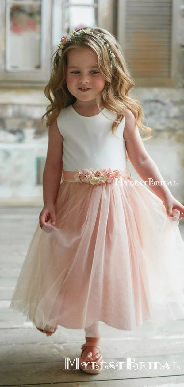 Cute Round Neck Pink Tulle A-line Long Cheap Flower Girl Dresses, FGS0019