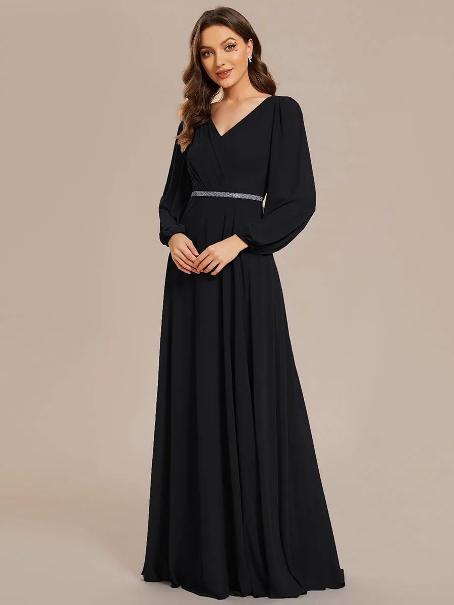 Elegant waisted chiffon V-neck long sleeve guest dress wholesale