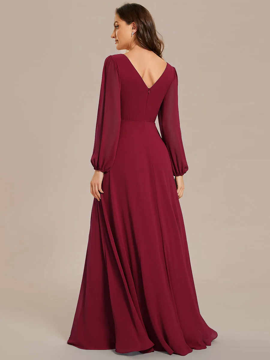 Elegant waisted chiffon V-neck long sleeve guest dress wholesale