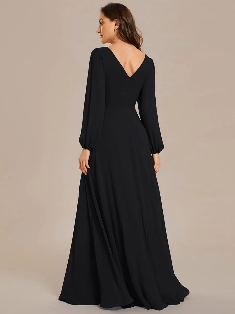 Elegant waisted chiffon V-neck long sleeve guest dress wholesale