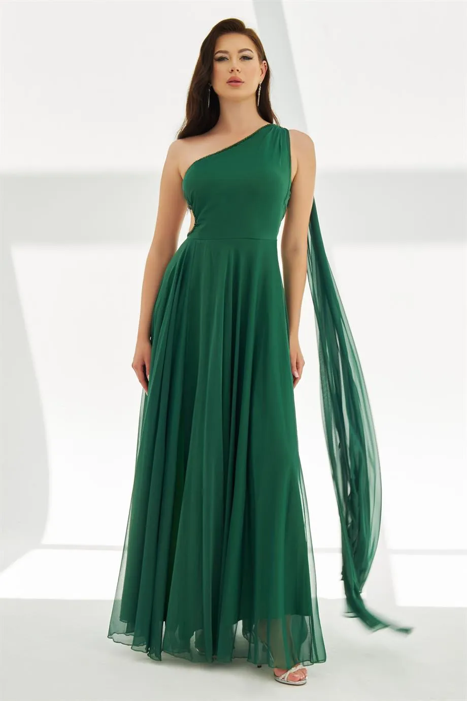 Emerald Chiffon Cloaked Backless Long Evening Dress