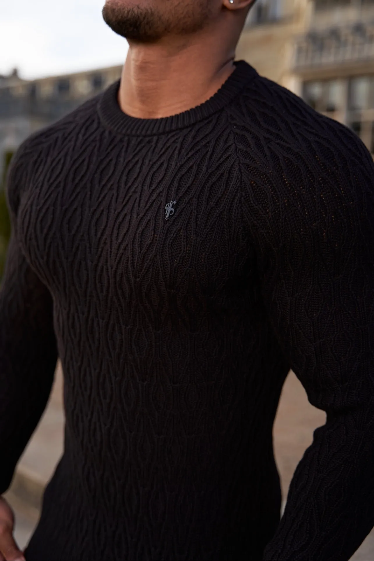 Father Sons Black Knitted Elongated Diamond Crew Super Slim Raglan Sweater with Metal Decal - FSN051