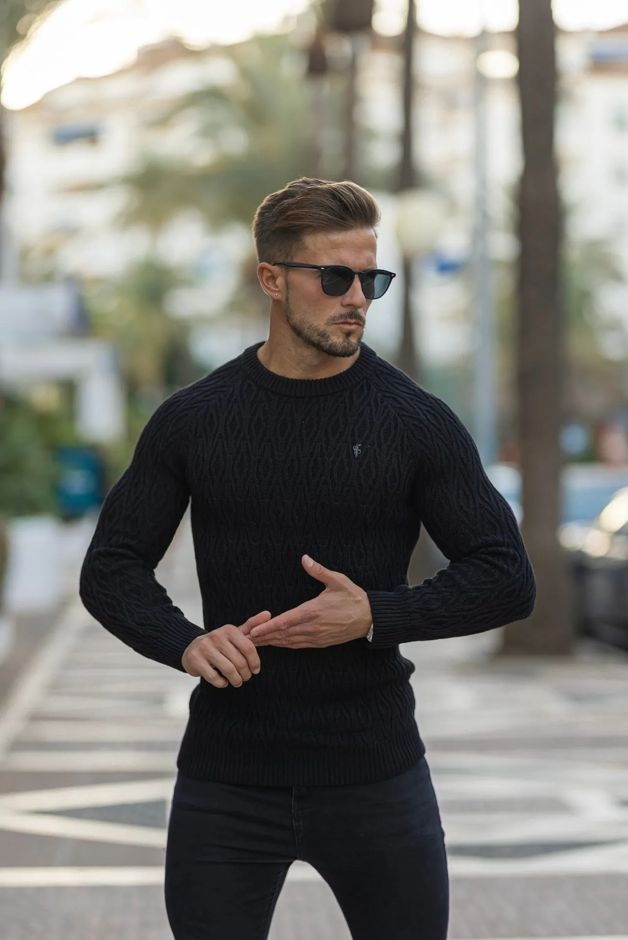 Father Sons Black Knitted Elongated Diamond Crew Super Slim Raglan Sweater with Metal Decal - FSN051