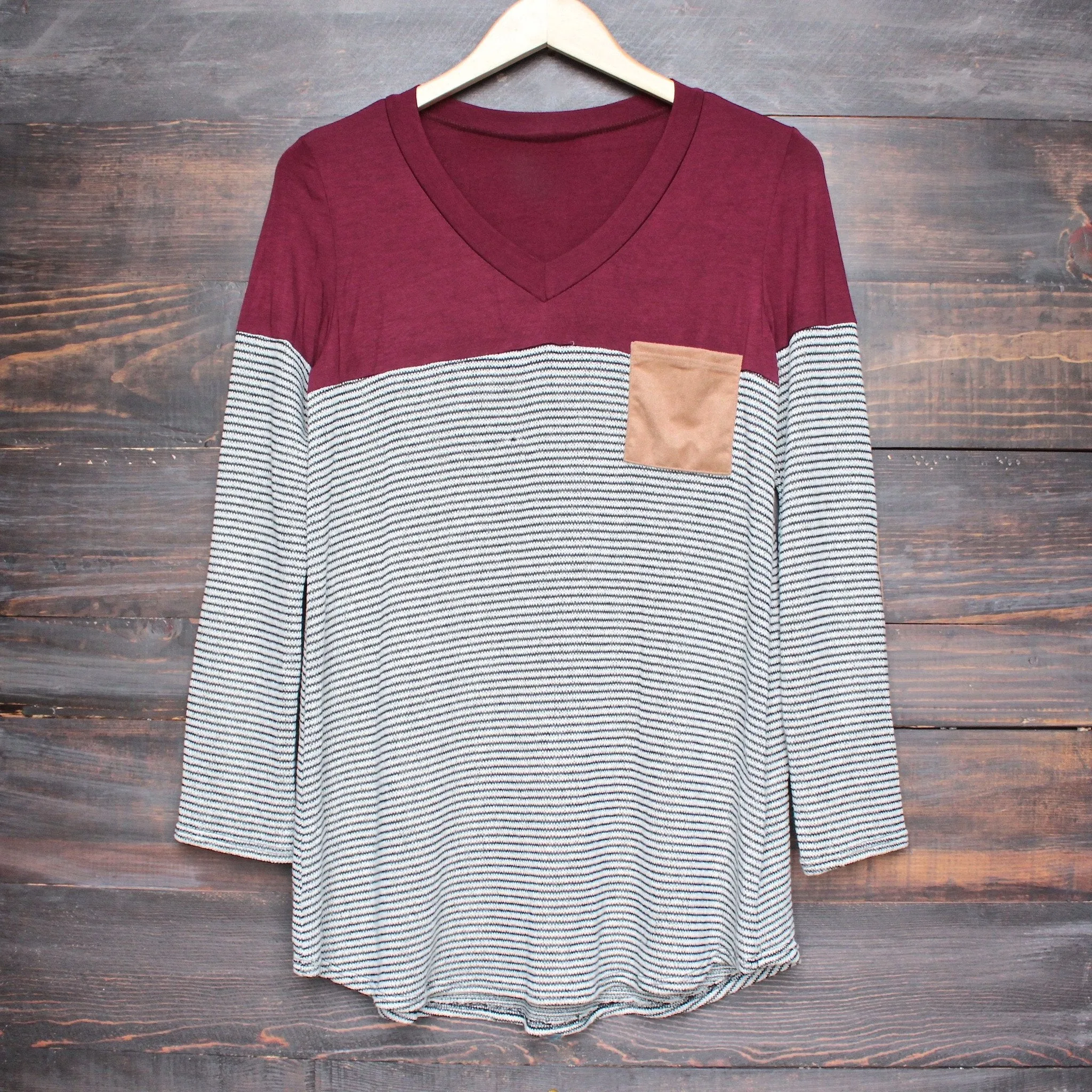 Final Sale - Color Block Stripe Long Sleeve Shirt with Suede Elbow Patch   Pocket in More Colors