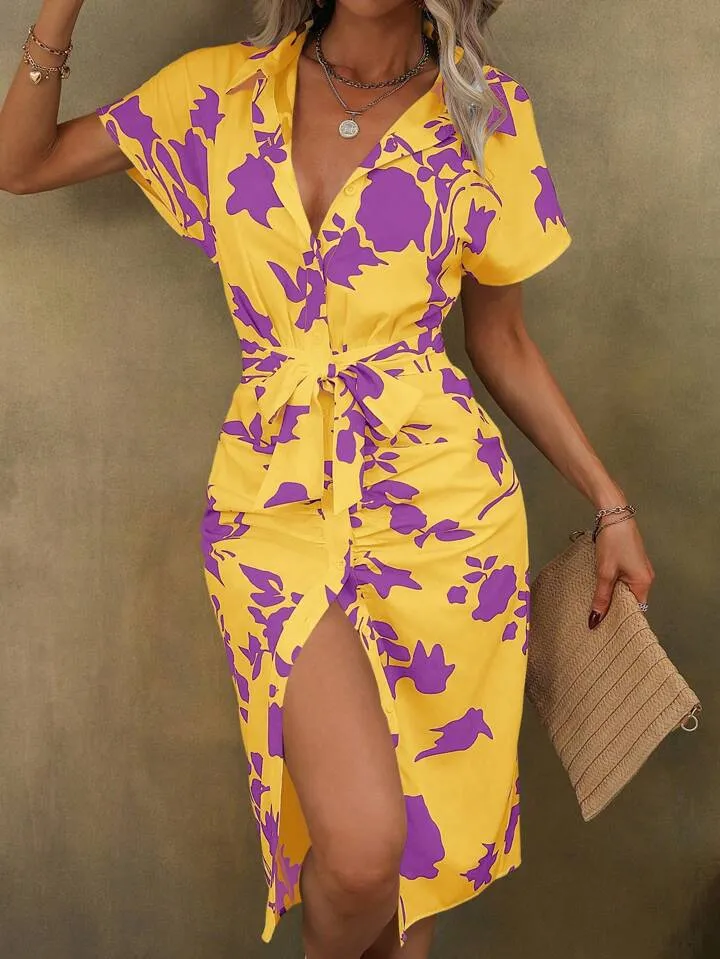 Floral print belted dress in yellow