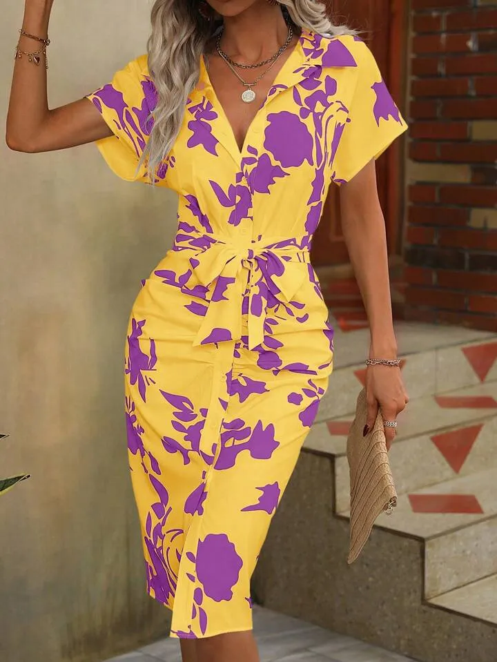 Floral print belted dress in yellow