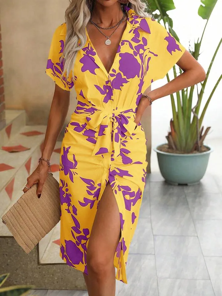 Floral print belted dress in yellow