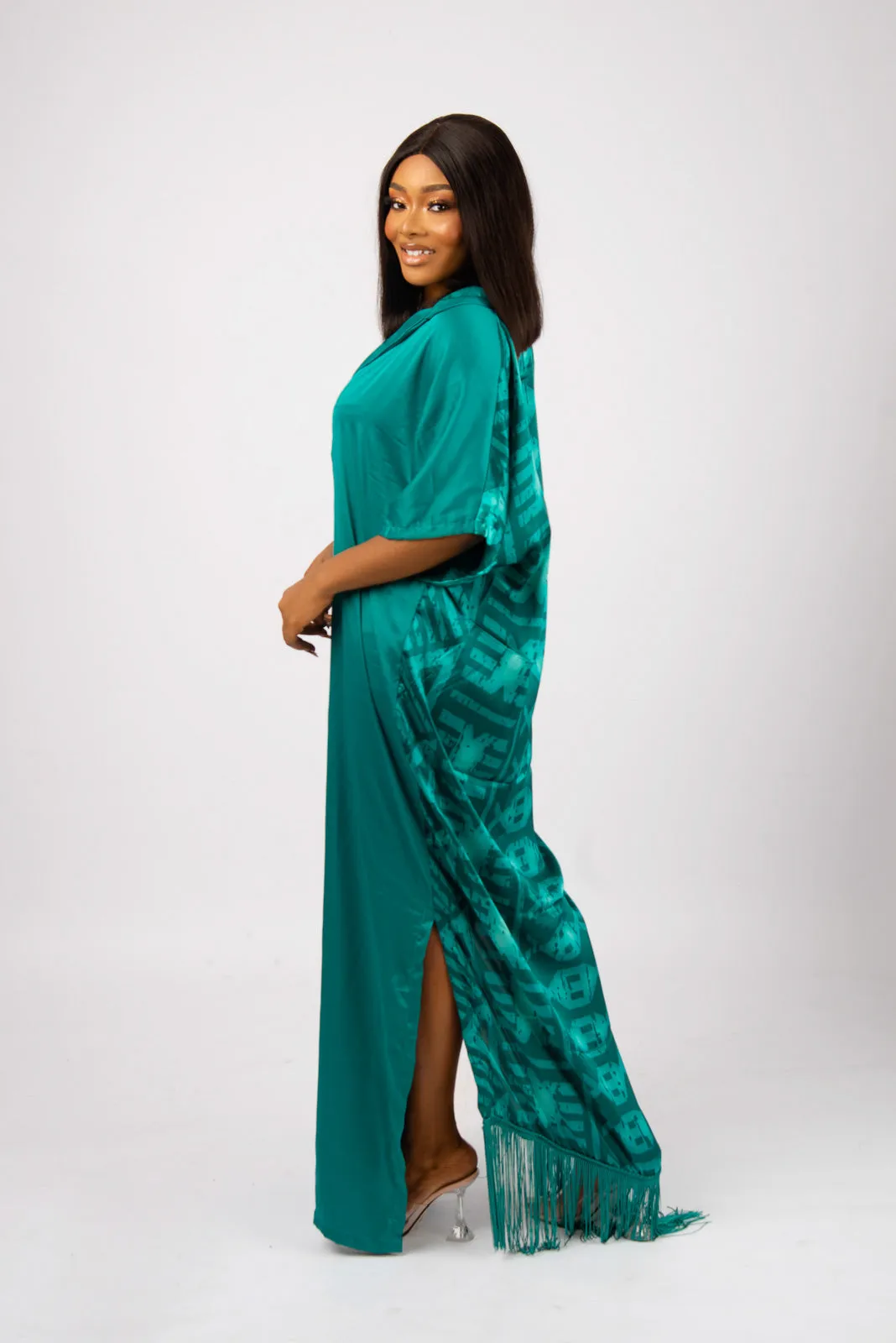 FOLA ADIRE FRINGE DRESS WITH TEAL TONE